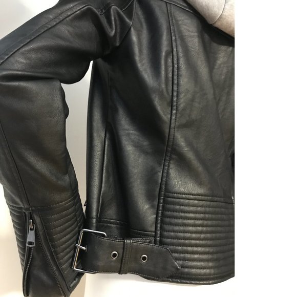 Ardene Black Moto Jacket Biker Style Detachable Knit Hood Vegan Leather - Picture 5 of 7